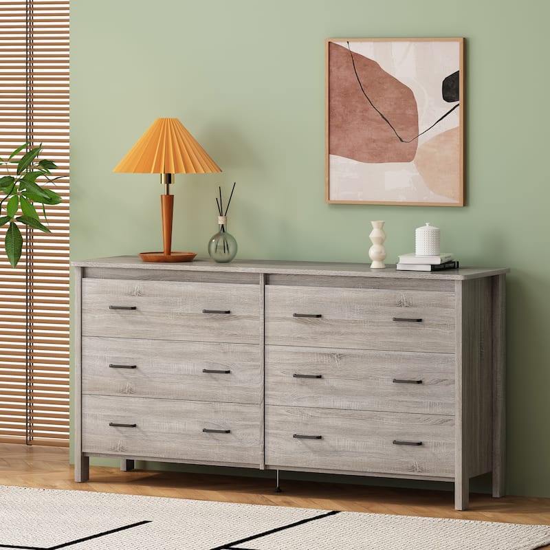 Roomfitters 6-Drawer Wide Dresser, Modern Wood Storage Chest with Metal Handles, Bedroom Accent Organizer, Oak - Oak