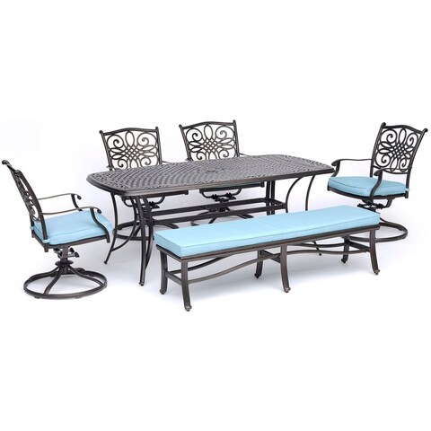 Hanover Traditions 6-Piece Dining Set in Blue with 4 Swivel Rockers, a Cushioned Bench, and a 38" x 72" Cast-Top Table