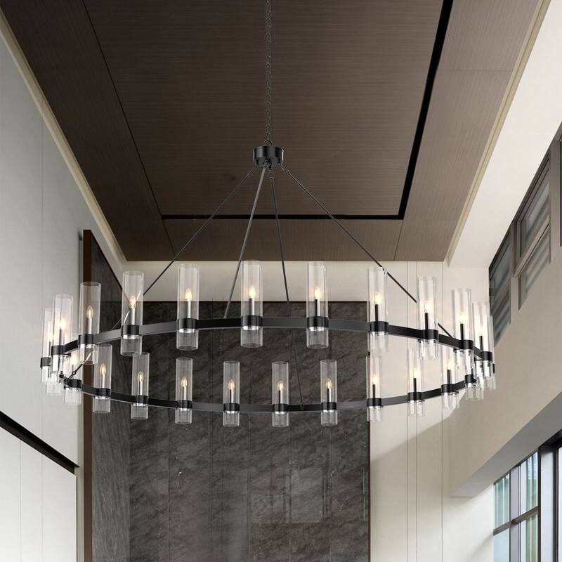 Modern Farmhouse Chandelier Black Wagon Wheel Chandelier with Clear Glass Shade - 59 in-24 light