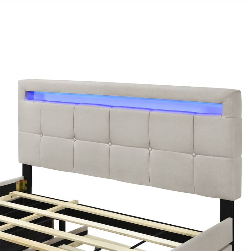Queen Size Upholstered Platform Bed w/ LED Frame, Twin XL Size Trundle