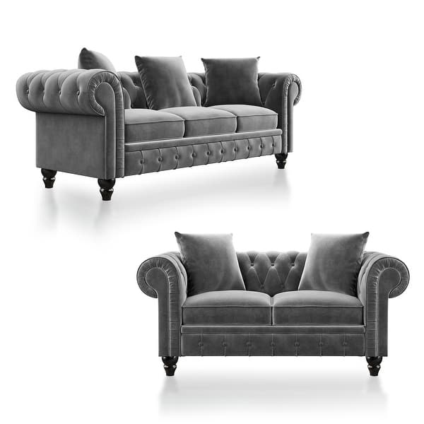 2 Pieces Tufted Velvet Upholstered Loveseat 3 Seat Sofa Roll Arm Classic Sofa Set With 5 Pillows Included Overstock 32263491