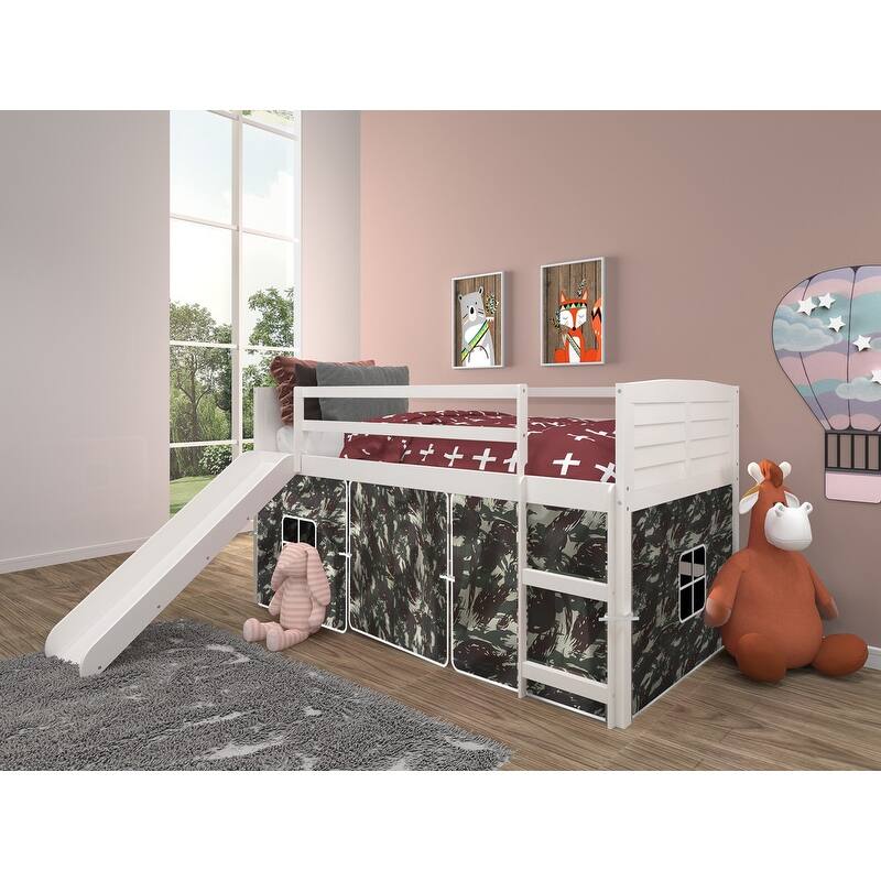 Twin Louver Low Loft with Slide in White - Twin Loft - Camo Tent