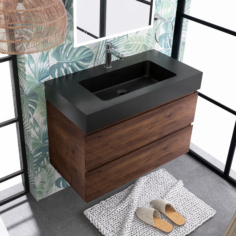 Floating Bathroom Vanity with Black Solid Surface Top