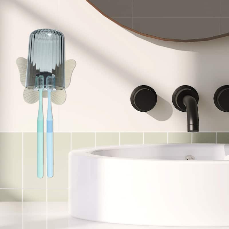 1 Set Wall Mounted Toothbrush Holder, Cute Hanging Toothbrush Holder with Cup, Beige, 4.33"x3.35" - Beige