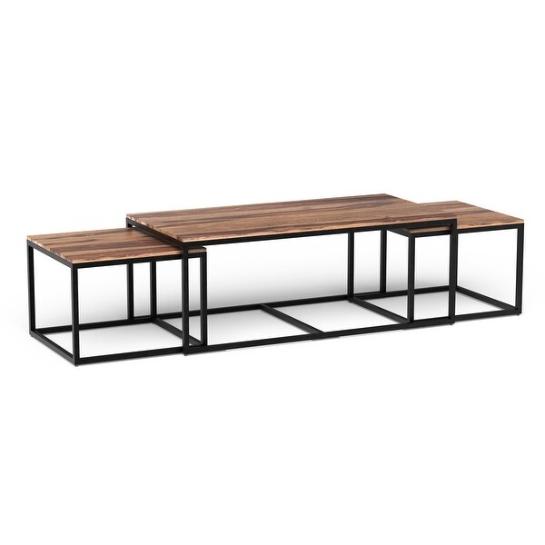 Set of 3 Sheesham Wood Coffee Tables with Black Metal Legs Bed Bath Beyond 32675627