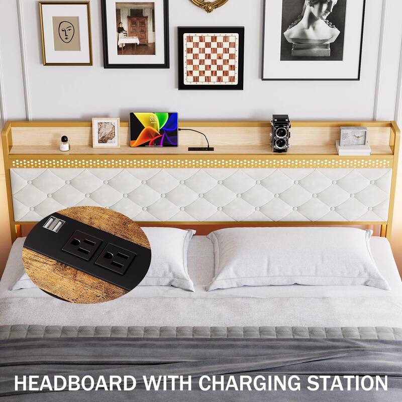 Led Bed Frame with Headboard and 2 Storage Drawers, Upholstered Platform Bed with Charging Station