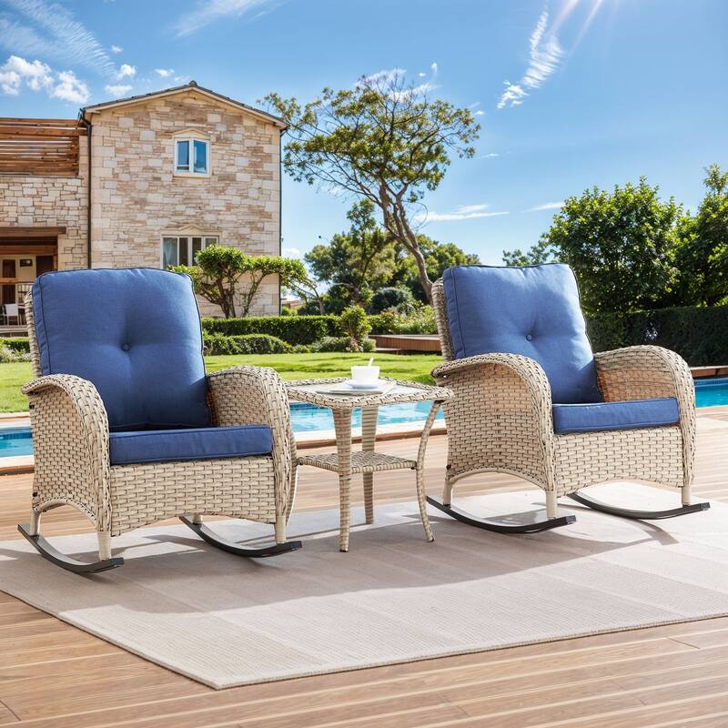 Gymojoy Patio Furniture Set PE Wicker Rocking Chairs & Side Table