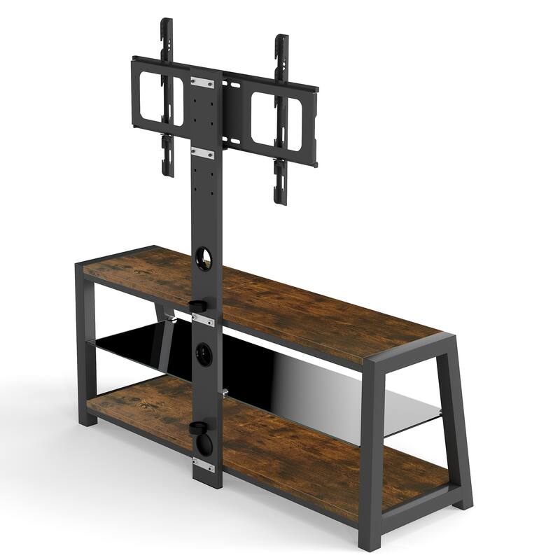 Wooden Storage TV Stand Black Tempered Glass Height Adjustable Universal Swivel Entertainment Center With Mount TV Stand,black