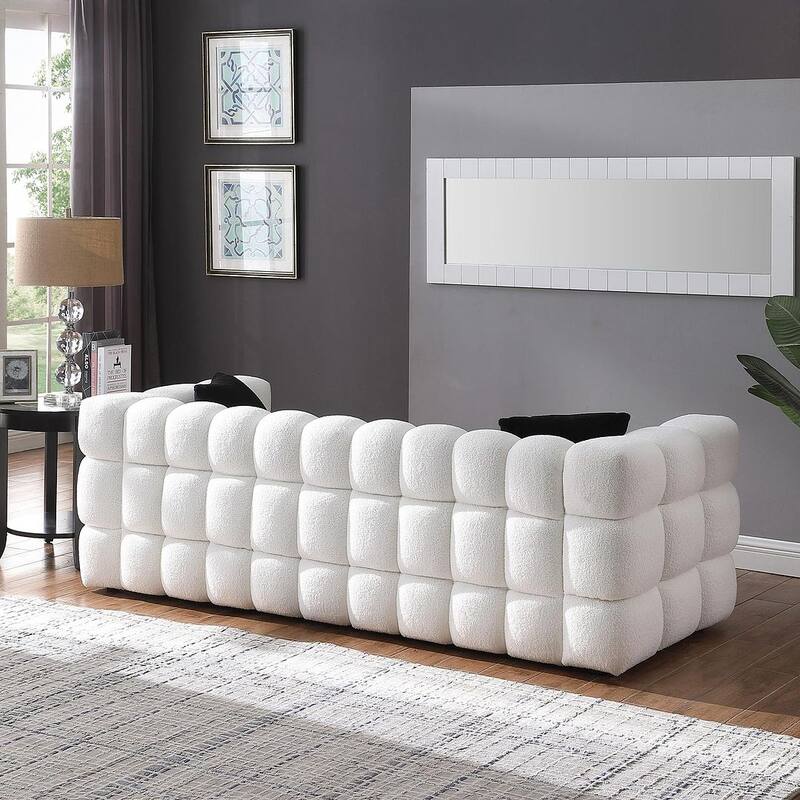 Modern Marshmallow Boucle Sofa with Solid Wood Frame and 2 Pillows