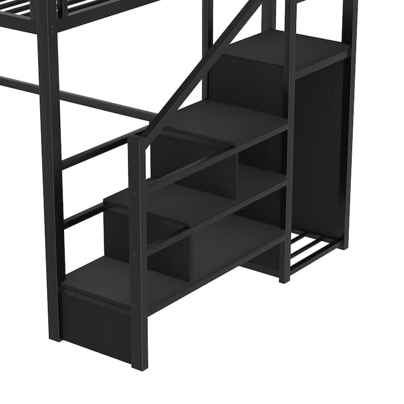 Full / Queen Size Loft Bed with Stairs, House Shaped Guardrails, and Wardrobe Storage