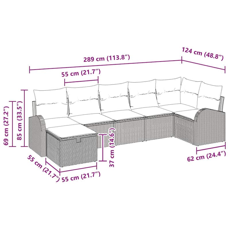 vidaXL 7/8 Garden Sofa Set with Cushions Black/Brown/Grey Poly Rattan - 113.8 x 48.8 x 27.2