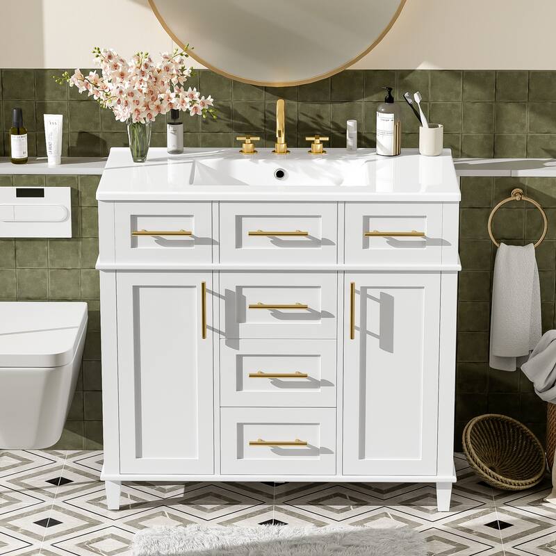 36" White Bathroom Vanity Cabinet With Versatile Storage - 4 Soft Close Drawers 1 Adjustable Shelf, 2 Soft Close Doors