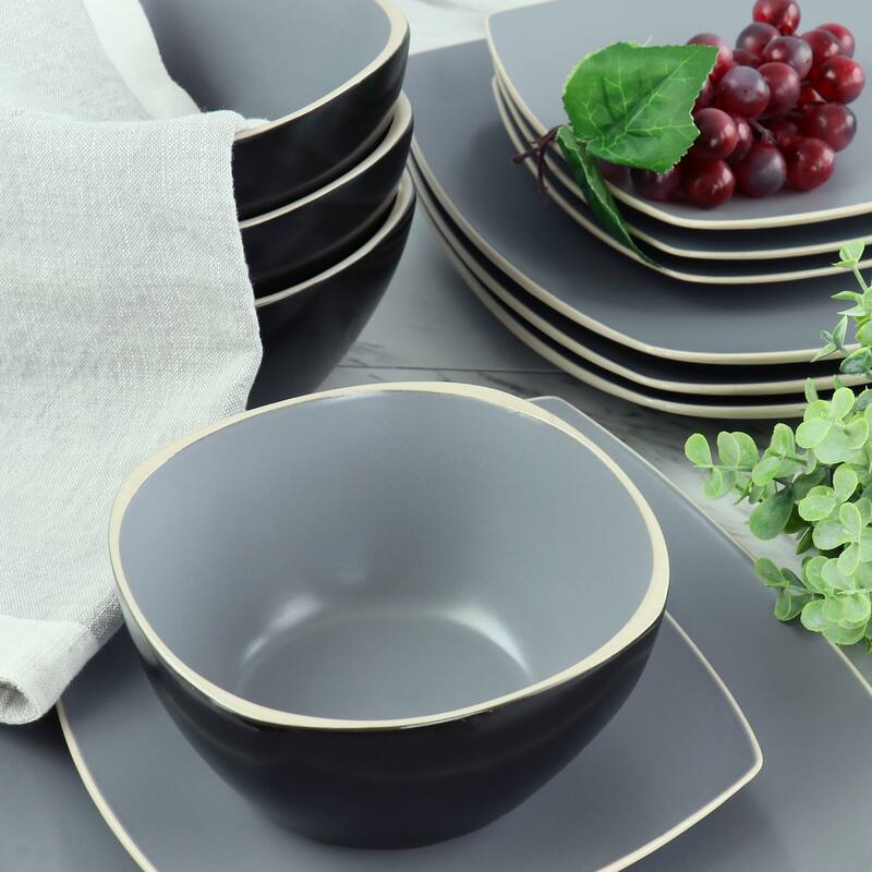 12 Piece Square Stoneware Dinnerware Set in Grey and Black