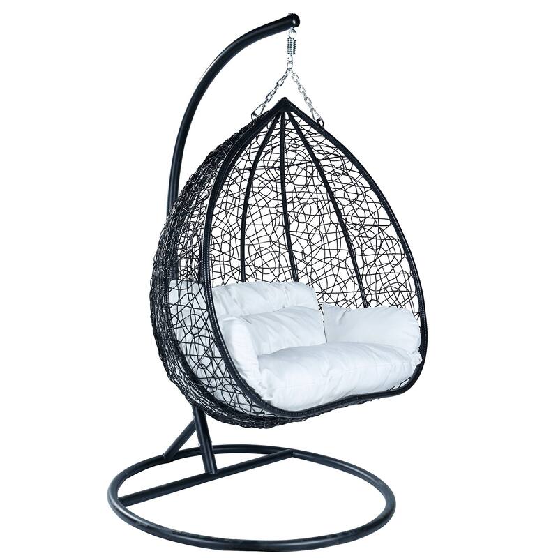 Hanging Swing Chair with Weave Design and Teardrop Shape in Black Frame - White
