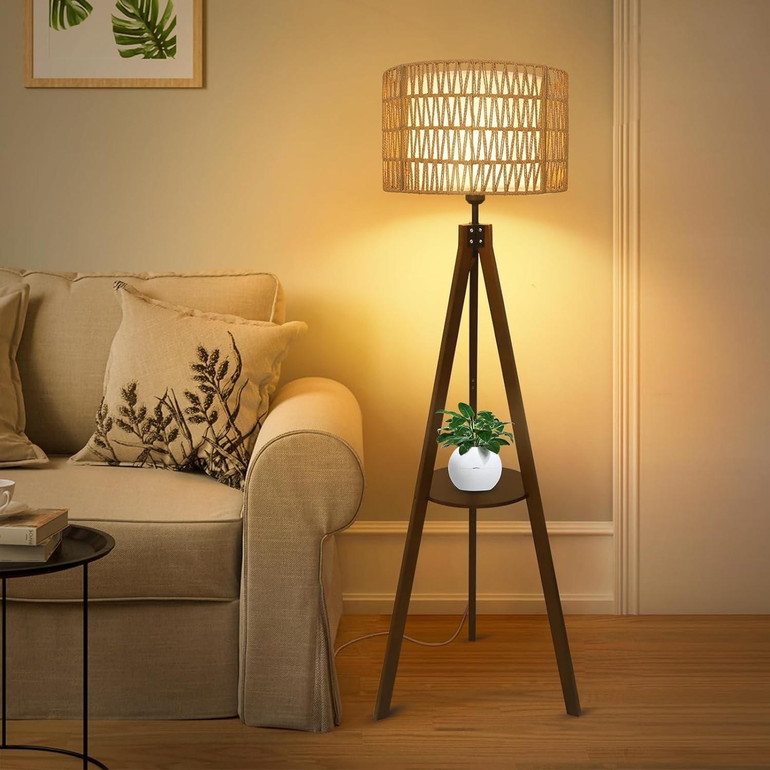 59 in. Brown Boho 1-Light Tripod Floor Lamp for Living Room with