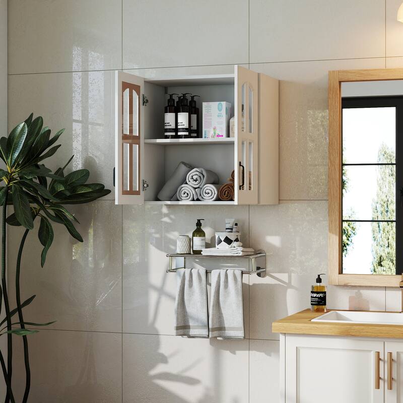 Glass Door Wall Cabinet - Floating Display Cabinet with Shelves for Kitchen, Bathroom, Living Room