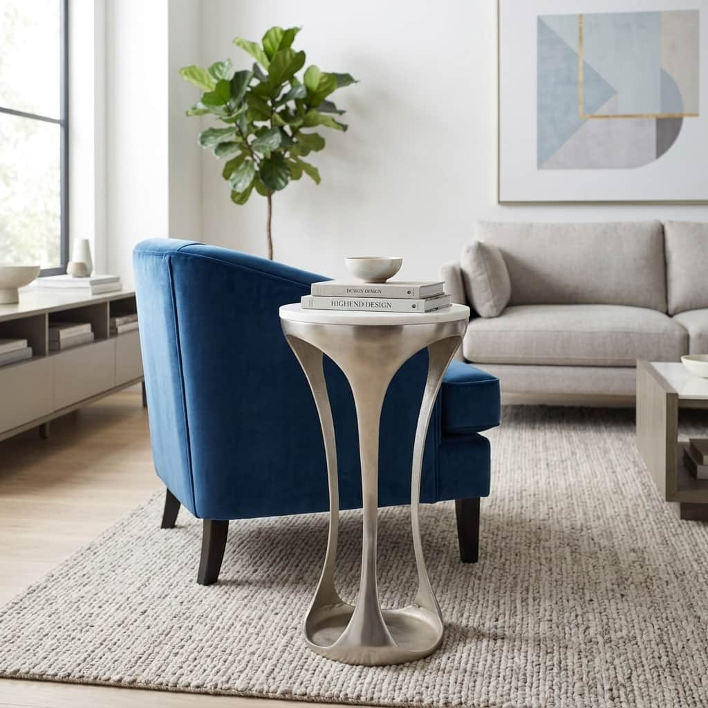Marble Side Table with Sculpted Metal Base - 27", White & Silver - 27.0"