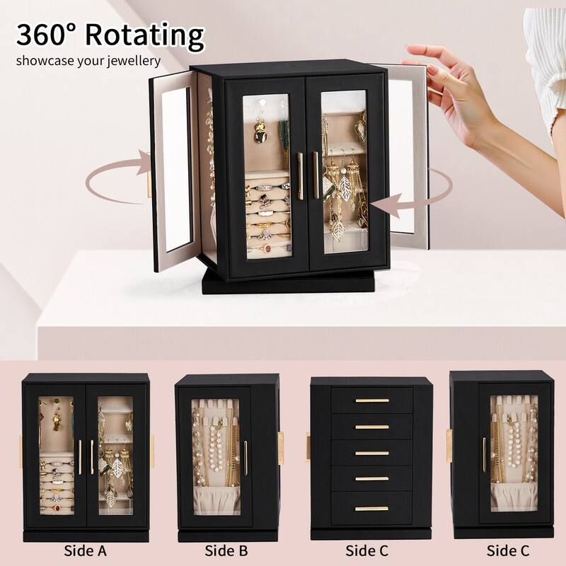 FCH 4 Sides with Storage 5 Drawers Rotatable Black Cabinet Pink Velvet Jewelry Case