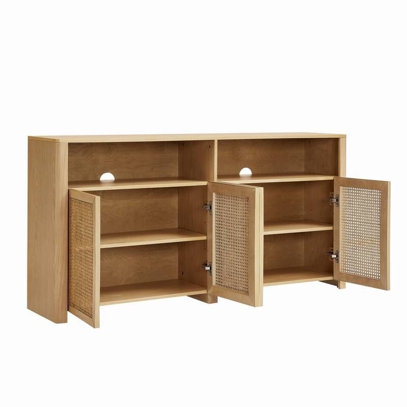 Mid Century Modern 63" Wide 4 - Cane Rattan Door Storage Sideboard with Open Shelf, Wine Bar Credenza for Living Room Entryway