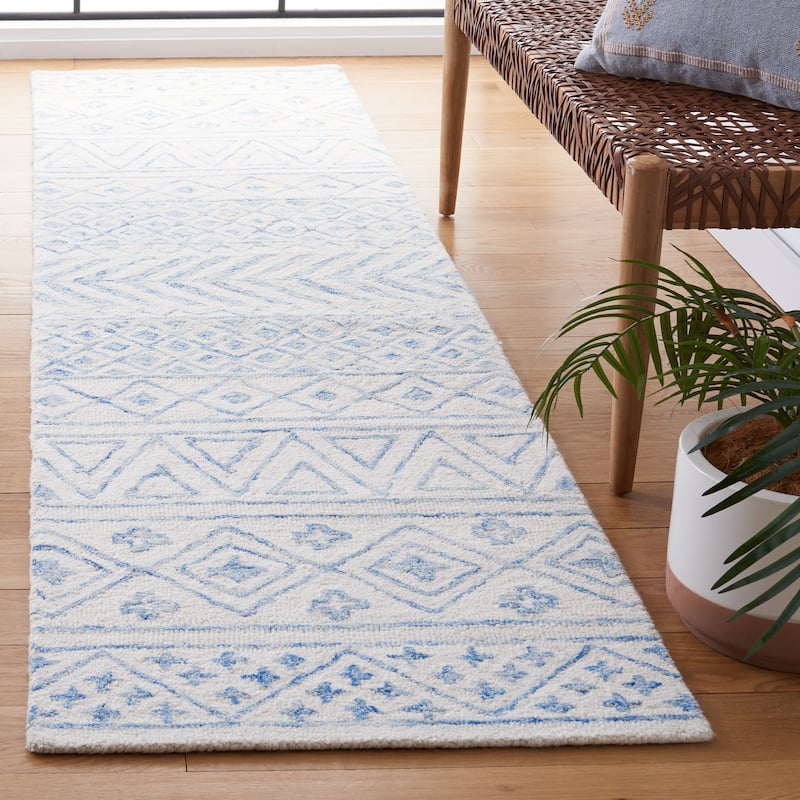SAFAVIEH Handmade Metro Heloise Moroccan Boho Wool Rug - 2'3" x 9' Runner - Ivory/Blue