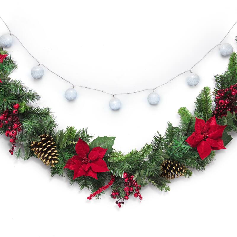 6ft Artificial Mixed Velvet Poinsettia Berry Pine Cone & Pine Christmas Garland with Woven Globe String Light Set