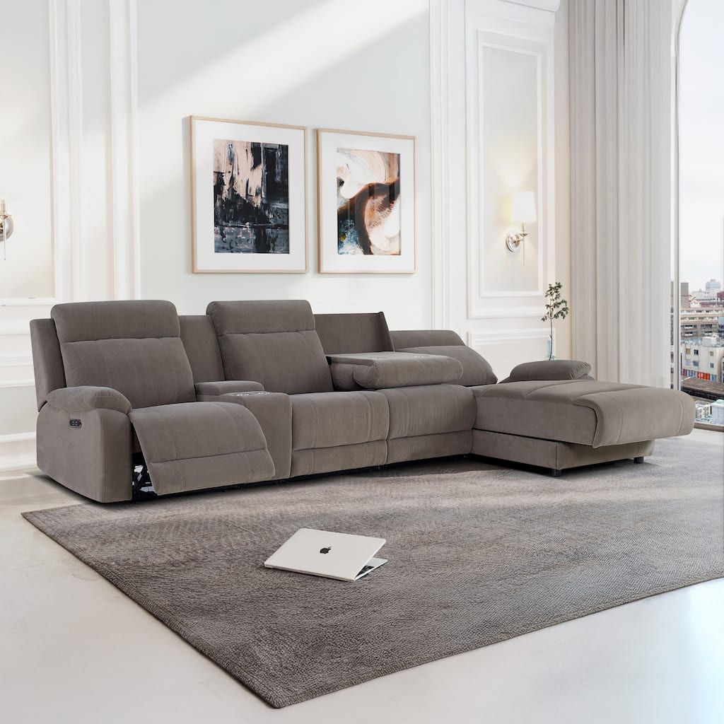 4 Person Grey Power Reclining Chaise Sectional with Storage Console