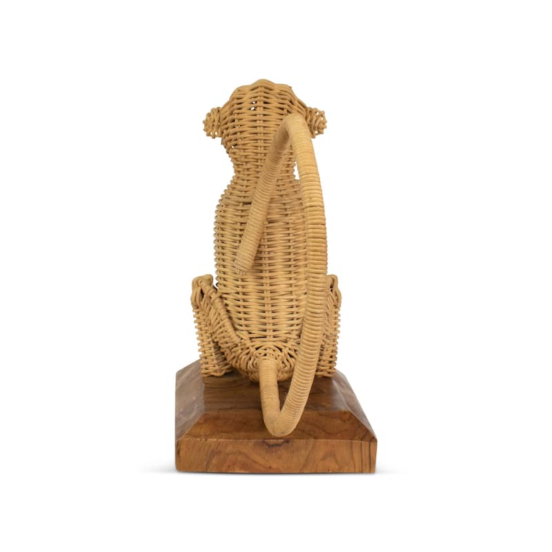 Rattan Monkey Sculpture - Hand Woven Animal Figurine on Wood Stand, Tropical Boho Decor - 10.5" wide x 10" tall x 5" deep