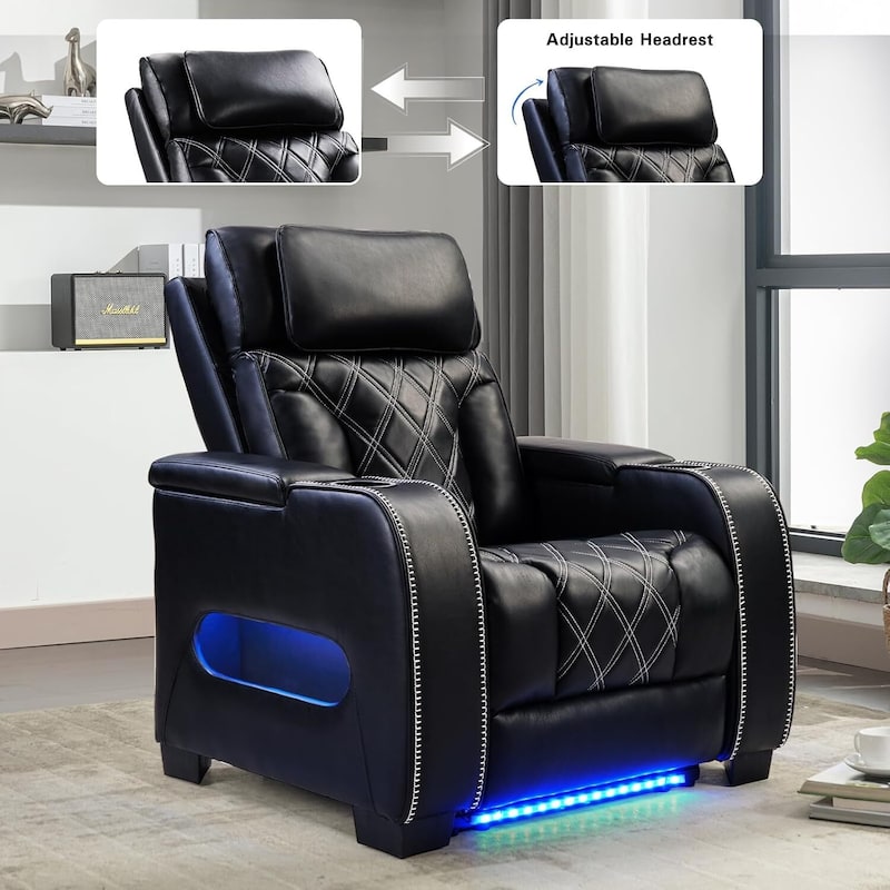 Power Recliner Chair with Adjustable Headrest, Breathable PU Leather Home Theater Seating with Ambient Lighting,Cup Holders