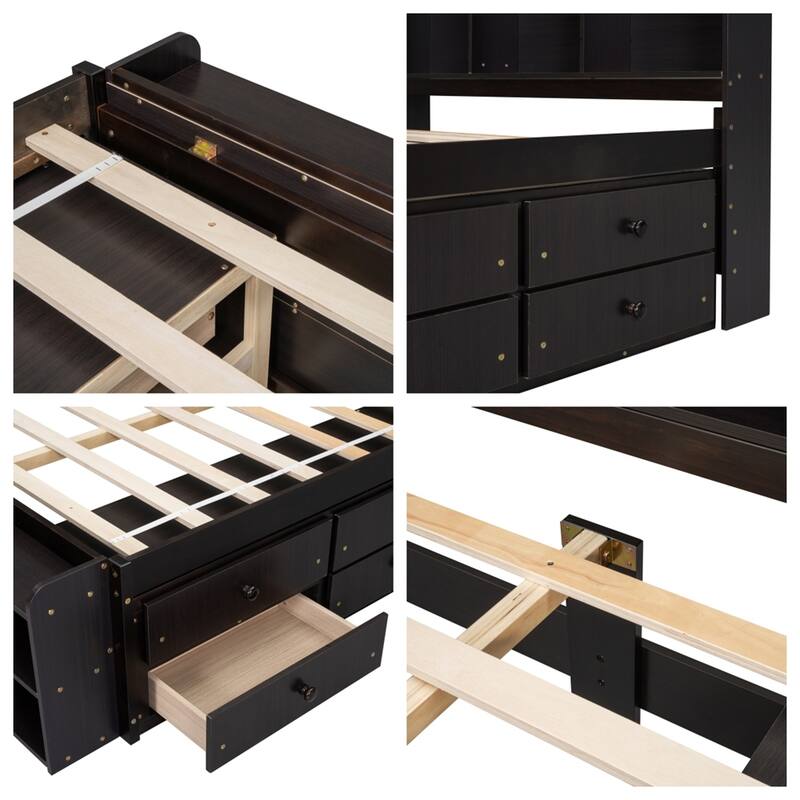 Full Bed with Bookcase Headboard, Under bed Storage Drawers