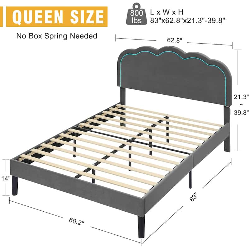 VECELO Luxury Velvet Smart Bed Frame with RGB Headboard & USB/Type-C Charging Height-Adjustable Headboard