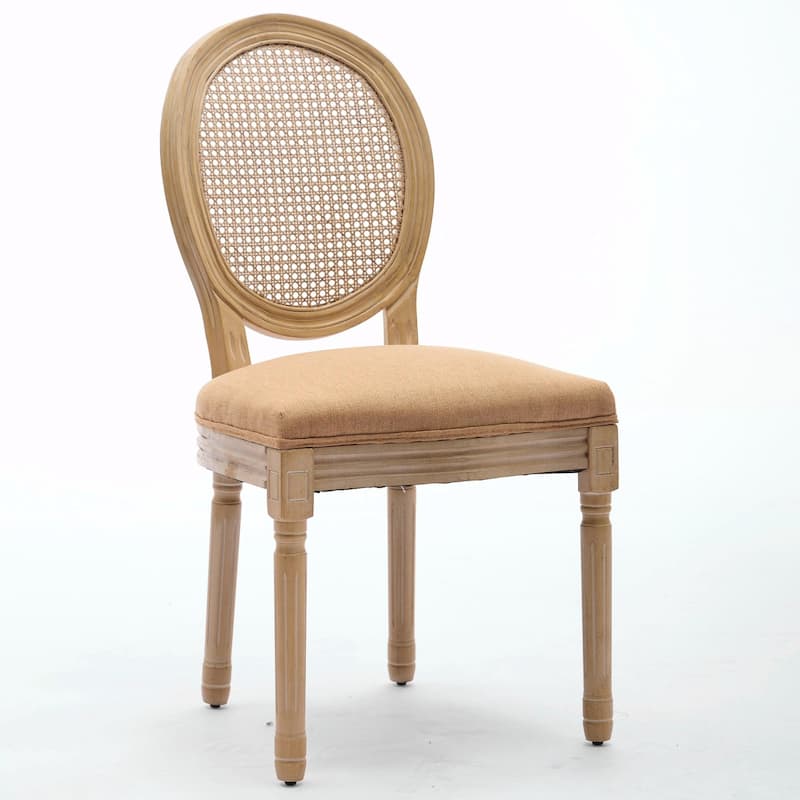 French Style Solid Wood Frame Antique Painting Linen Fabric Rattan Back Dining Chair, Set of 2