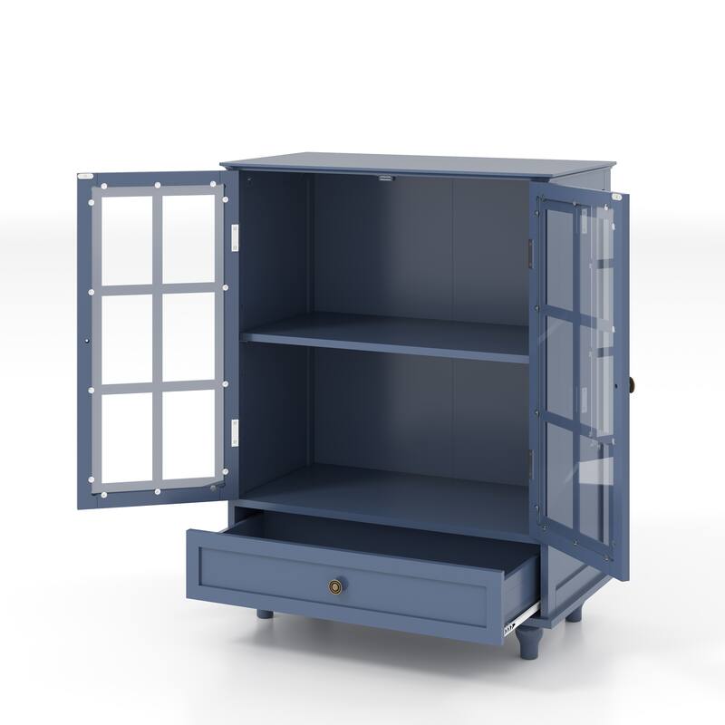 Buffet Cabinet with 2 Glass Doors & Drawer, Multifunctional Wooden Storage Cabinet, Coffee Bar Table with Adjustable Shelf