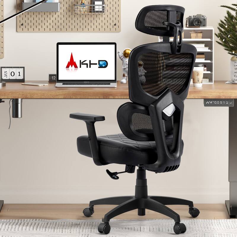 VECELO Executive Office Chair with PU Leather Seat Adjustable Height Mesh Backrest & 3D Lumbar Support 125° Reclining