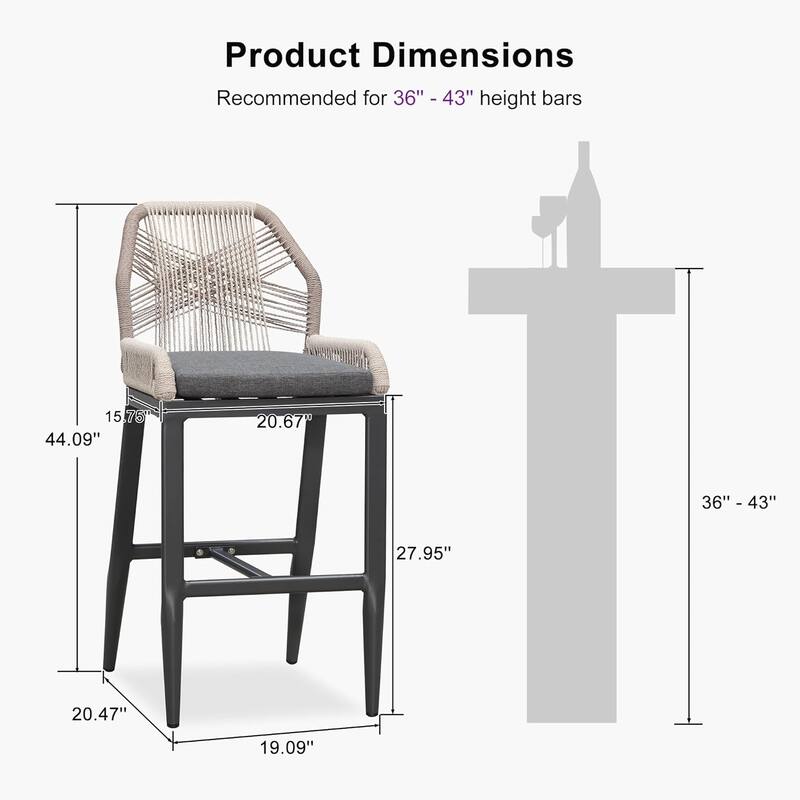 PURPLE LEAF Outdoor Bar Stools Chair Set of 2, All Weather Rattan and Aluminum Patio Bar Stool with Cushion