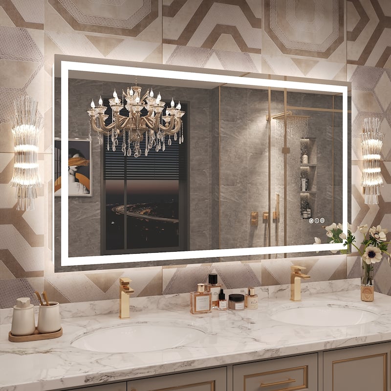 Frameless LED Front Light and Backlit 3 Colors Dimmable Anti-Fog Wall Bathroom Vanity Mirror - 51" x 30"-Square Corner