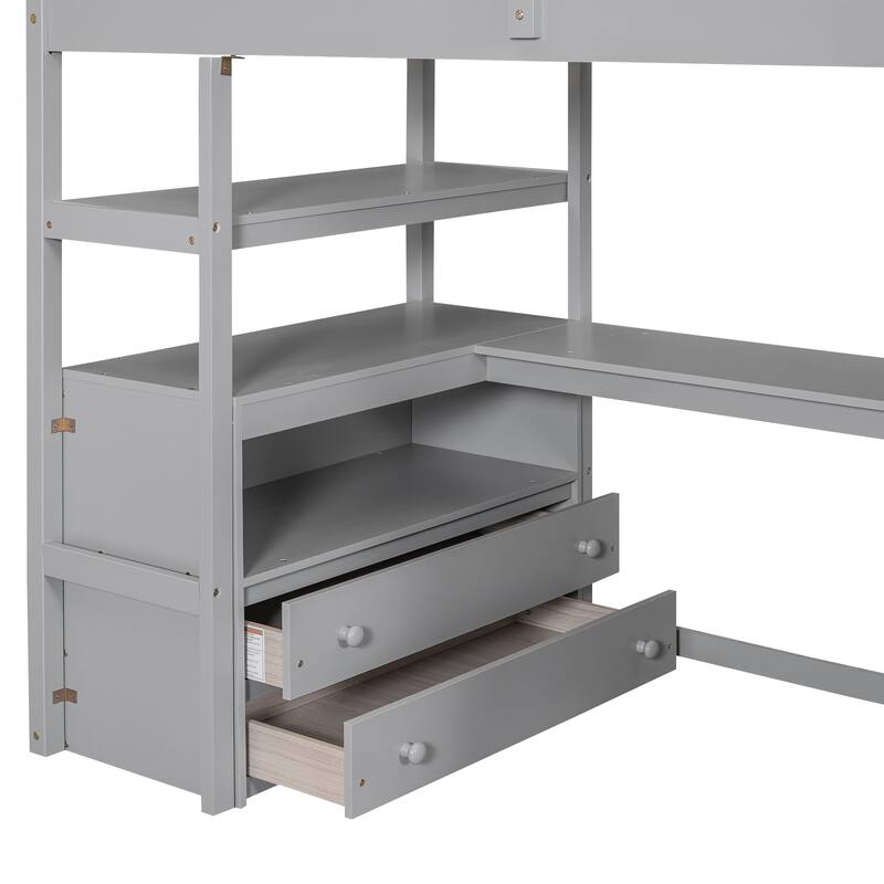 Twin Loft Bed with Desk, Storage Shelves, and Drawers, Space-Saving Design