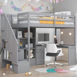 Twin Size Loft Bed with L-Shaped Desk and Drawers, Cabinet and Storage Staircase,Large Storage Space Loft Bed