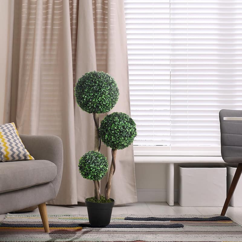 3 Ball Boxwood Topiary Tree for Home Office, Living Room Decor, Dark Green - Green