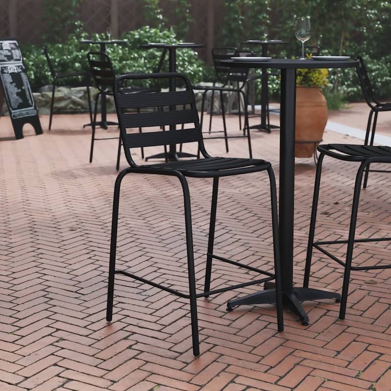 Commercial Indoor-Outdoor Restaurant Stack Stool with Triple Slat Back - Black