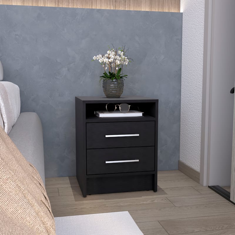 Elegant White Nightstand with 2 Drawers and Shelf, 23.6" Height, Contemporary Bedroom Furniture - Black