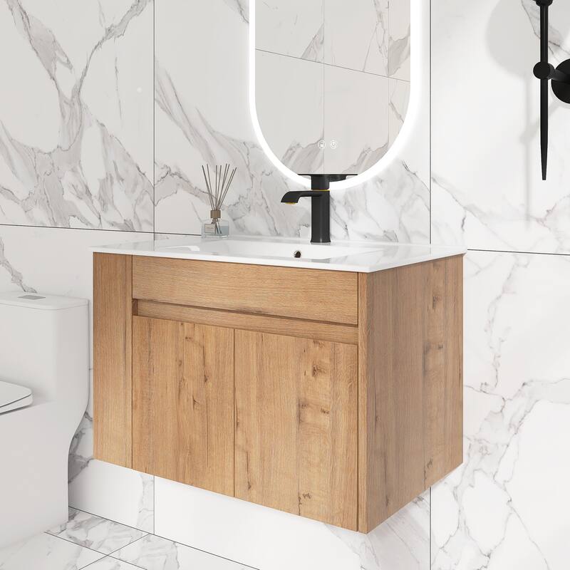 30 inch Wood Wall-Mounted Bathroom Vanity Set with Integrated Ceramic Sink