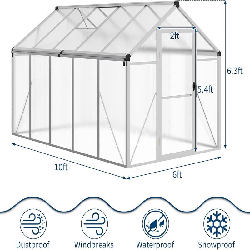 6x10 Ft. Easy To Assemble Walk-In Aluminum Greenhouse In Silver. (Upgraded Handle Version) - 6 x 10FT