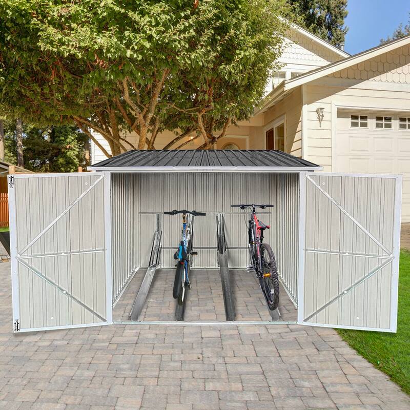 Outdoor Bike Shed Rustproof Steel Storage Shed with Adjustable Tracks All-Weather Garden Shed for Backyard