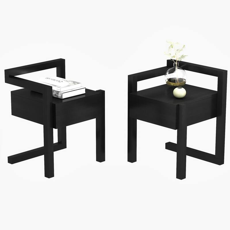 Modern End Table Set of 2, Square 2-Tier Nightstand with Storage Drawer, Side Table with Wood Legs for Living Room, Bedroom - Black