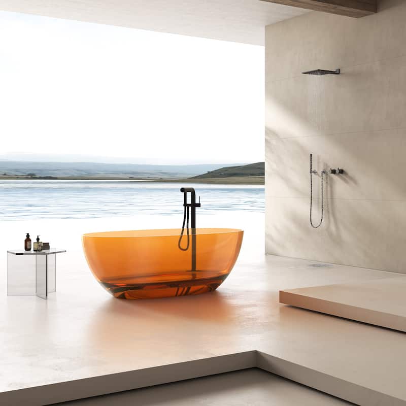 Vanity Art 59" or 67" Stone Resin Oval Freestanding Bathtub, Soaking Tub with Pop Up Drain