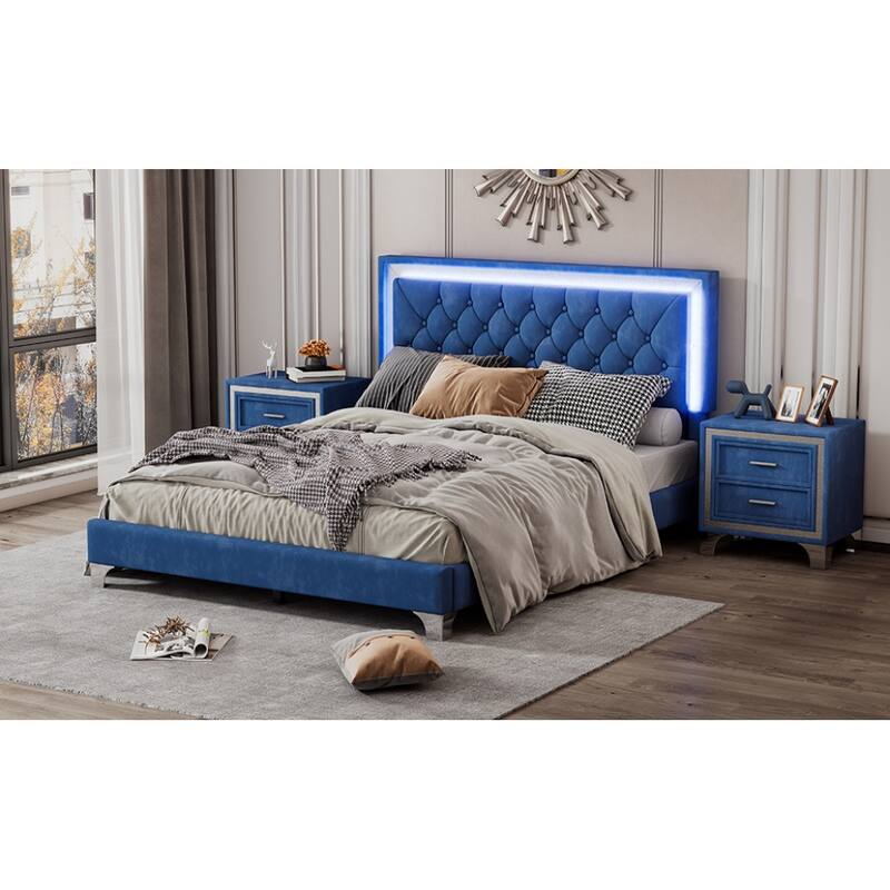 3Piece Velvet Modern Bedroom Sets, Queen Size Upholstered Platform Bed