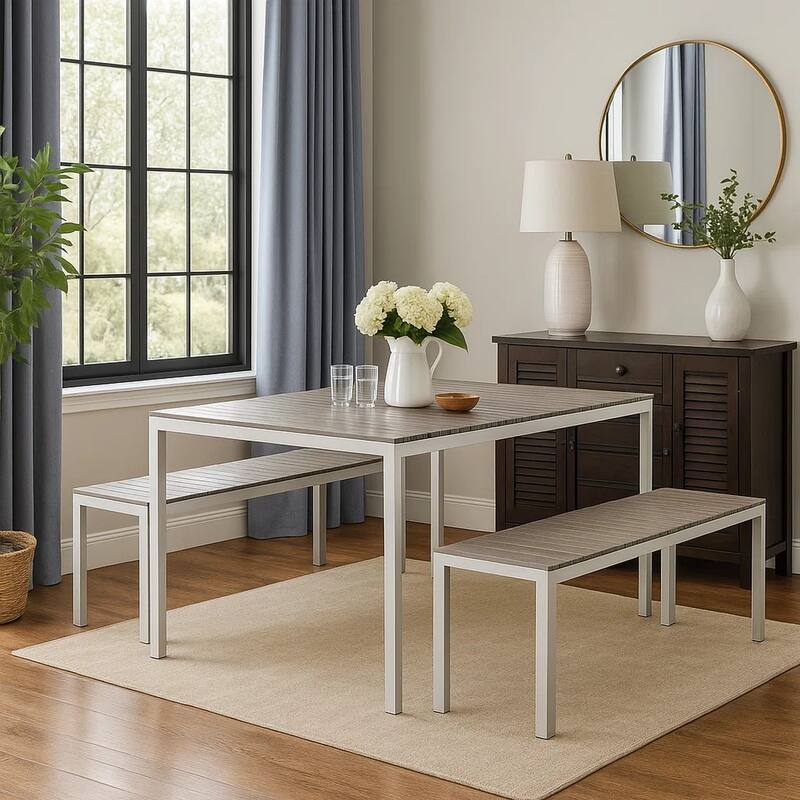 Straightforwardly Trendy Anodized Aluminum Table And Bench Set In Gray (Set of 3)