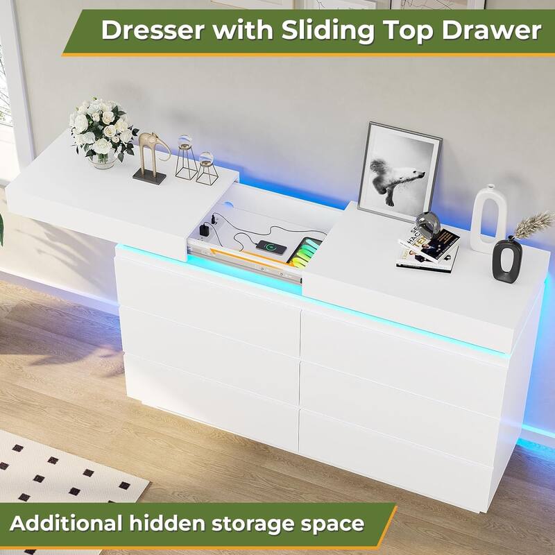6 Drawer Dresser with Sliding Desktop Chest of Drawers Bedroom