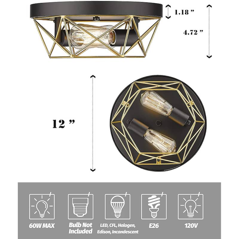 2-Light Industrial Ceiling Light Brass Metal Cage Flush Mount Lights