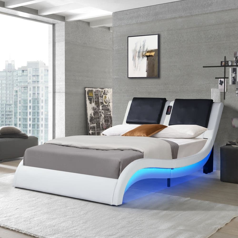 Faux Leather Upholstered Platform Bed Frame with Led Lighting,No Box Spring Needed,Queen